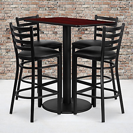 Flash Furniture Rectangular Laminate Table Set With 4 Ladder Back Metal Bar Stools, 42”H x 24”W x 42”D, Mahogany/Black