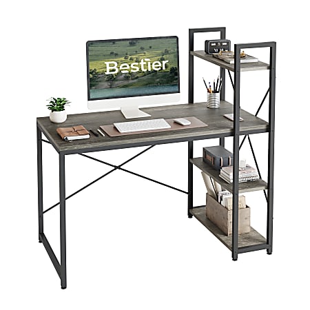 Bestier Modern 48"W Office Computer Desk With Storage Shelf & Headset Hook, Dark Retro Gray Oak