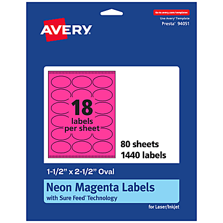 Avery® Printable Labels With Sure Feed® Technology, 94051-NMP80, Oval, 1-1/2" x 2-1/2", Matte Neon Magenta, Pack of 1440