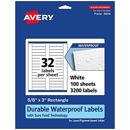 Avery® Waterproof Permanent Labels With Sure Feed®, 94214-WMF100, Rectangle, 5/8" x 3", White, Pack Of 3,200