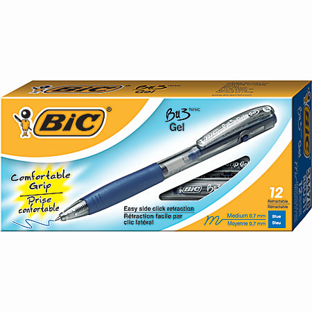 BIC® BU3 Retractable Gel Pens, Bold Point, 0.7 mm, Blue Barrel, Blue Ink, Pack Of 12 Pens