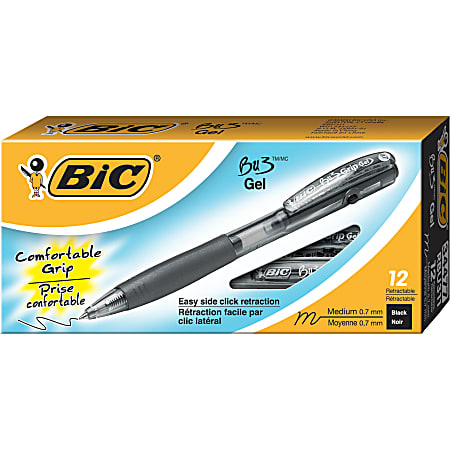 BIC® BU3 Retractable Gel Pens, Bold Point, 0.7 mm, Black Barrel, Black Ink, Pack Of 12 Pens