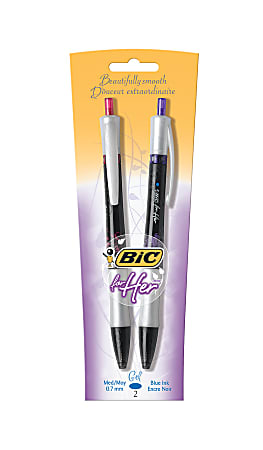 BIC® For Her Retractable Gel Pens, Medium Point, 0.7 mm, Black Barrel, Blue Ink, Pack Of 2