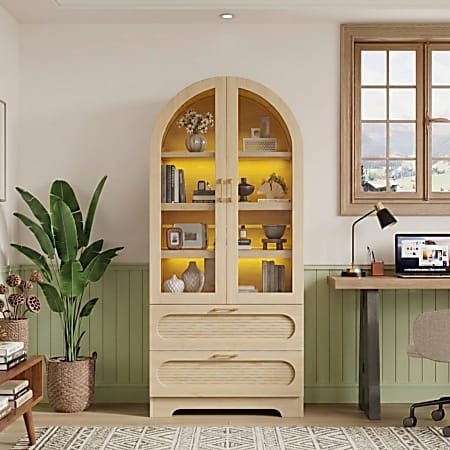 Bestier Arched 4-Tier Bookshelf with Storage Cabinet and 3 Adjustable Shelves, Natural Oak