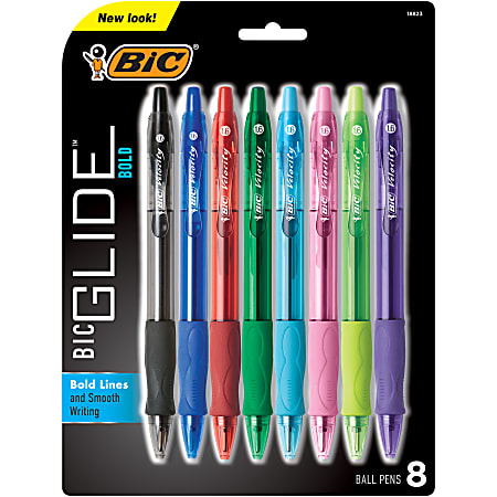 BIC® Glide Bold Ballpoint Pens, Bold Point, 1.6 mm, Translucent Barrel,  Assorted Ink Colors, Pack Of 8 Pens