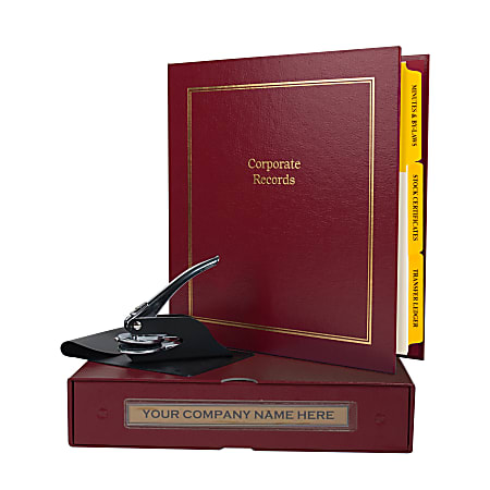 Custom Standard Corporate Kit, 1-1/2" Red Binder, 20 Blue Stock Certificates, 1-5/8" Corporate Seal Embosser