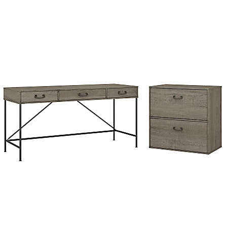 kathy ireland® Home by Bush Furniture Ironworks 60"W Writing Desk With 2-Drawer Lateral File Cabinet, Restored Gray, Standard Delivery