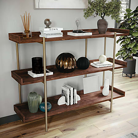 Martha Stewart Emmett 37"H 3-Shelf Storage Display Unit Bookcase With Metal Frame, Walnut Wood Grain/Polished Brass