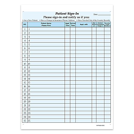HIPAA Compliant Patient/Visitor Privacy 2-Part Sign-In Sheets, With Out-Of-Country Box, 8-1/2" x 11", Blue, Pack Of 1,000 Sheets
