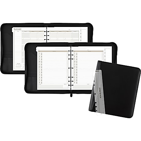 At-A-Glance Black Leather Zipcase Folio Binder Set - Letter - 8 1/2" x 11" Sheet Size - 7 x Ring Fastener(s) - Leather - Black - Refillable, Zipper Closure, Storage Pocket, Notepad, Pen Loop - 1 Each