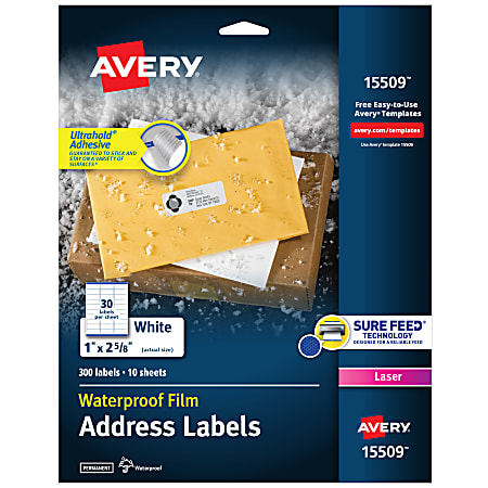 Avery® Printable Waterproof Labels with Sure Feed®, Rectangle, 1" x 2-5/8", Matte White, Pack Of 300
