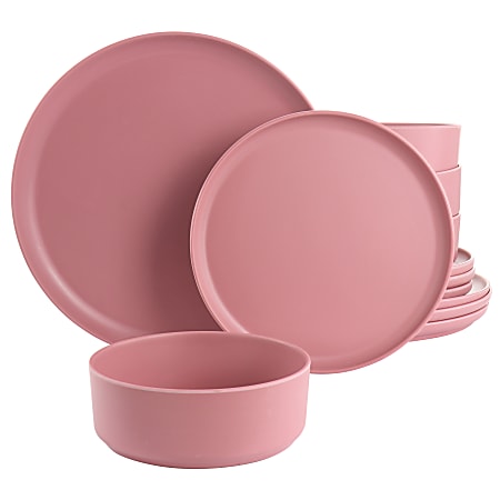 Gibson Home Canyon Crest 12-Piece Round Melamine Dinnerware Set, Pink
