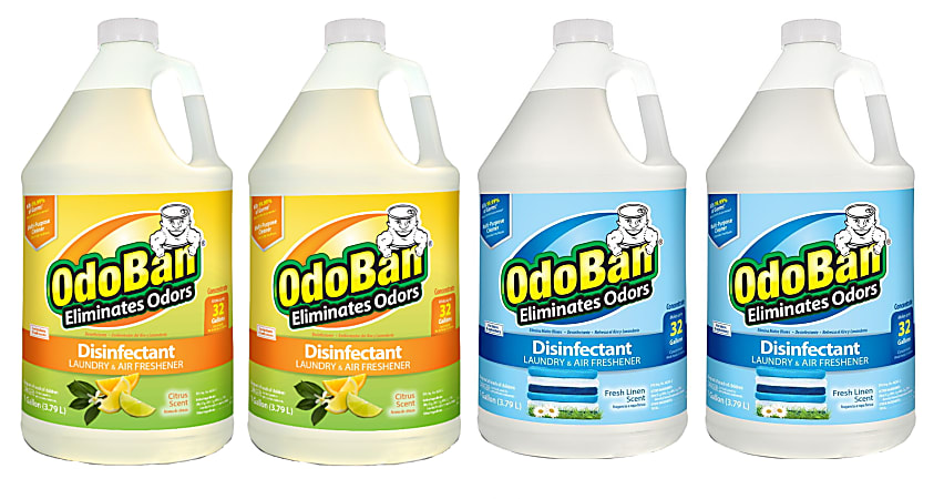 OdoBan Odor Eliminator Disinfectant Concentrate, 128 Oz, Case Of 2 Citrus Scent Jugs And 2 Fresh Linen Scent Jugs