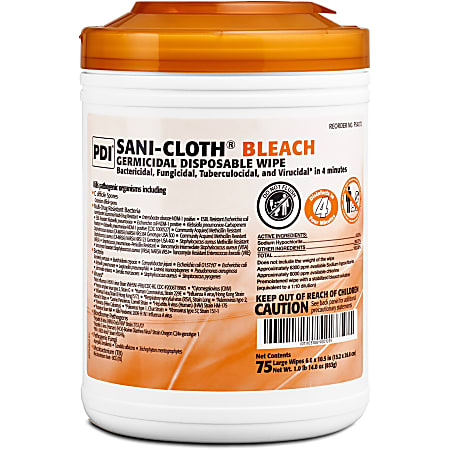 PDI Sani-Cloth Bleach Germicidal Wipes - 10.50" Length x 6" Width - 75 / Can - 1 Each - White