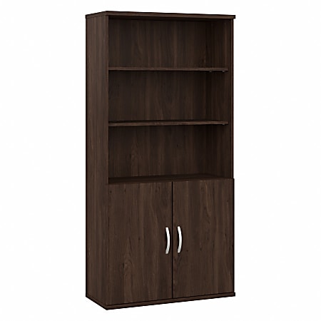 Bush Business Furniture Hybrid 73"H 5-Shelf Bookcase With Doors, Black Walnut, Standard Delivery