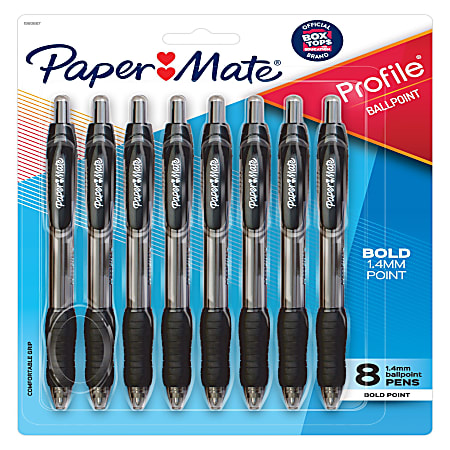 Paper Mate® Profile Retractable Ballpoint Pens, Bold Point, 1.4 mm, Clear Barrel, Black Ink, Pack Of 8 Pens