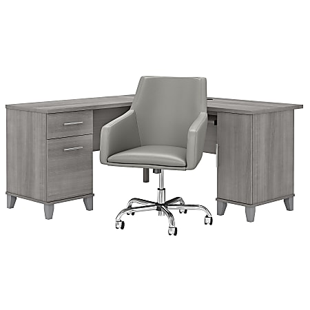 Bush Furniture Somerset 60"W L-Shaped Desk With Mid-Back Leather Box Chair, Platinum Gray, Standard Delivery