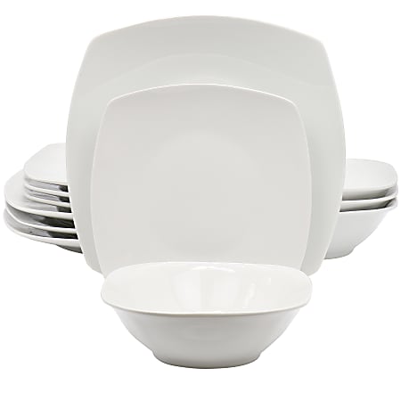 Gibson Home Blanca Cafe 12-Piece Square Ceramic Dinnerware Set, White