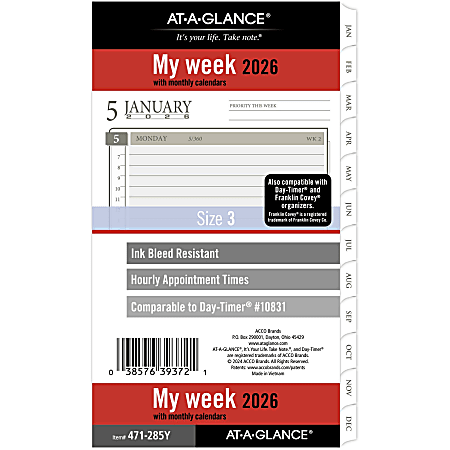 AT-A-GLANCE® 2026 Weekly Monthly Planner Refill, Loose-Leaf, Portable Size, 3 3/4" x 6 3/4"