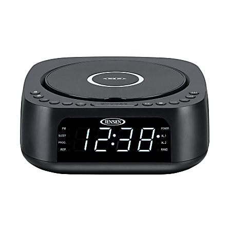 JENSEN Stereo Digital Dual-Alarm Clock With Top-Loading CD Player, FM Tuner, USB Charging Port And Battery Backup, 2.38"H x 7.32"W x 7.32"D, Black