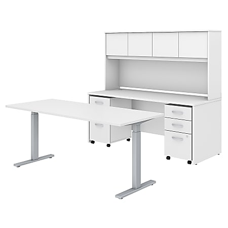 Bush Business Furniture Studio C 72"W x 30"D Height Adjustable Standing Desk, Credenza with Hutch and Mobile File Cabinets, White, Premium Installation