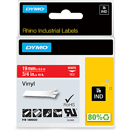 DYMO® Colored 3/4" Vinyl Label Tape, DYM1805422, Permanent Adhesive, 3/4"W x 18 3/64 ft Length, Rectangle, Thermal Transfer, Red/White