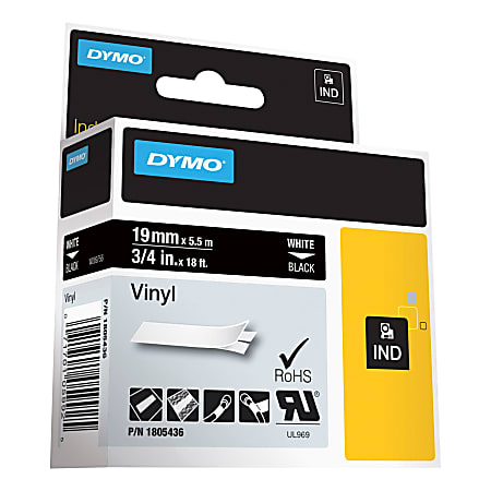 DYMO® Vinyl Label Tape, DYM1805436, Permanent Adhesive, 3/4"W x 18'L, Thermal Transfer, Black/White