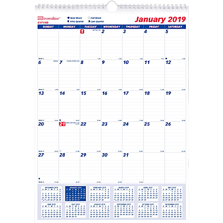 Brownline Ruled Block Monthly Wall Calendar - Julian - Monthly - 1 Year - January 2019 till December 2019 - 1 Month Single Page Layout - 12" x 17" - Twin Wire - Wall Mountable - White