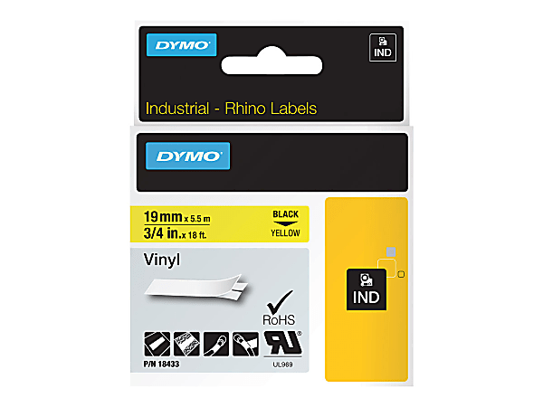 DYMO® Colored Industrial Rhino Vinyl Labels, 3/4"W x 18 3/64'L , Rectangle, Black on Yellow