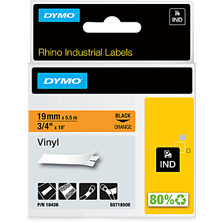 DYMO® Colored Industrial Rhino Vinyl Labels, 3/4"W x 18'L, Black on Orange