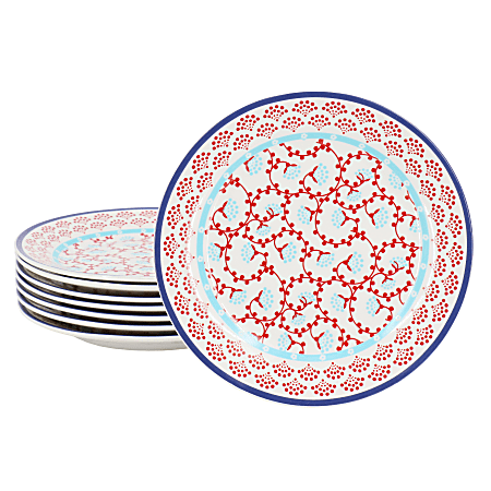 Gibson Home Village Vines Floral 8-Piece Fine Ceramic Dessert Plate Set, 7-7/16", Red/White