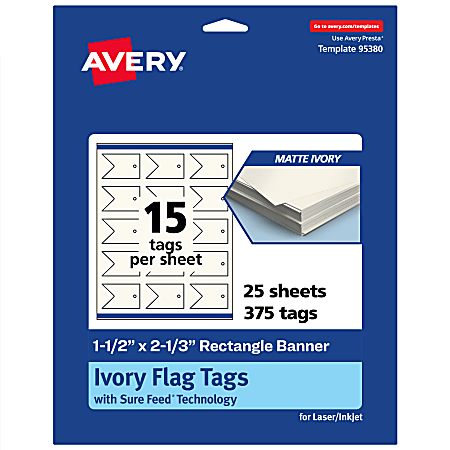 Avery® Print-To-The-Edge Flag Tags With Sure Feed® Technology, 1-1/2"x2-1/3" Rectangle Banner, Matte Ivory, Pack Of 375