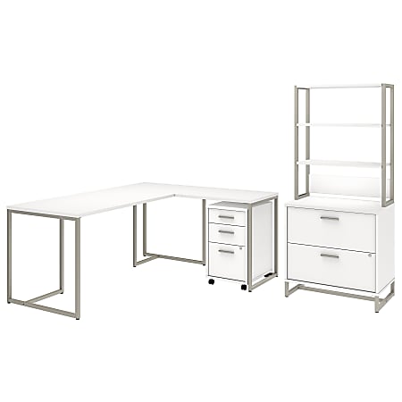 kathy ireland® Office by Bush Business Furniture Method 72"W L Shaped Desk with 30"W Return, File Cabinets and Hutch, White, Standard Delivery