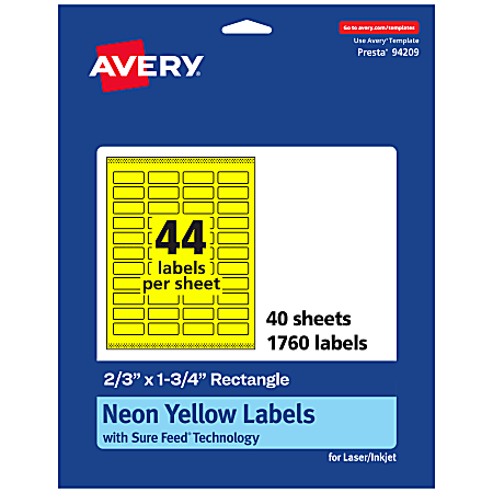 Avery® Print-To-The-Edge Labels With Sure Feed® Technology And Easy Peel®, 94209-NYP40, Rectangle, 2/3" x 1-3/4", Matte Neon Yellow, Pack of 1760