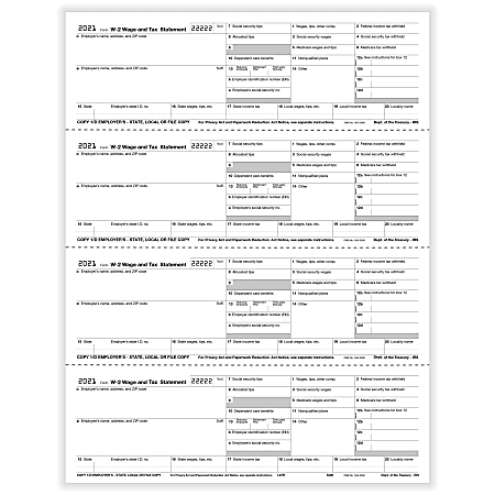 ComplyRight™ W-2 Tax Forms, 4-Up (Horizontal Format), Employer's Copies 1/D, 1/D, 1/D, 1/D, Laser, 8-1/2" x 11", Pack Of 50 Forms