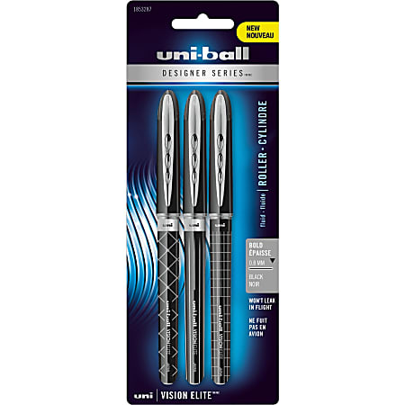 Uni-Ball Vision Elite Designer Rollerball Pens - Bold Pen Point - 0.8 mm Pen Point Size - Assorted Pigment-based Ink - Black Barrel - 3 / Pack
