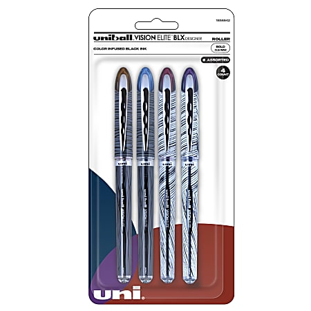 uni-ball® Vision™ Elite™ Designer Series Rollerball Pens, Bold Point, 0.8 mm, Assorted Barrels, Black Ink, Pack Of 4 Pens