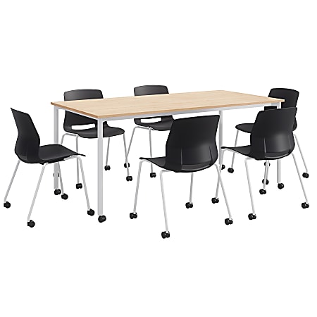 KFI Studios Dailey Table Set With 6 Caster Chairs, Natural Table/Black Chairs