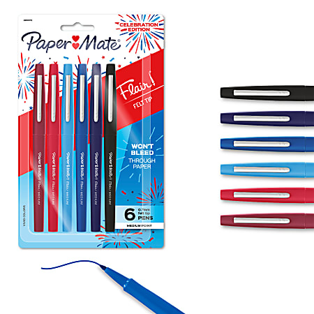 Paper Mate® Flair Felt Tip Pens, Medium Point (0.7mm), Assorted Colors, 6 Count, USA 250th Anniversary Edition