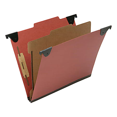 SKILCRAFT 2/5 Tab Cut Letter Recycled Hanging Folder - 1" Folder Capacity - 8 1/2" x 11" - Top Tab Position - 1 Divider(s) - Pressboard, Kraft, Fiber - Red - 60% - 10 / Box