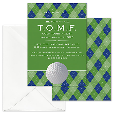 Custom Premium Golf Invitations With Envelopes, 5" x 7", Checkered Golf, Box Of 25 Cards