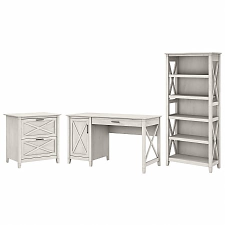 Bush Furniture Key West 54"W Computer Desk With 2-Drawer Lateral File Cabinet And 5-Shelf Bookcase, Linen White Oak, Standard Delivery
