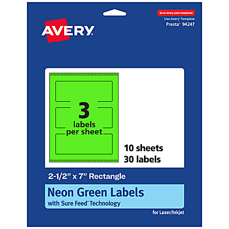 Avery® Print-To-The-Edge Labels With Sure Feed® Technology, 94247-NGP10, Rectangle, 2-1/2" x 7", Matte Neon Green, Pack of 30