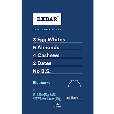 RXBAR Protein Bars, Blueberry, 1.8 Oz, Pack Of 12 Bars