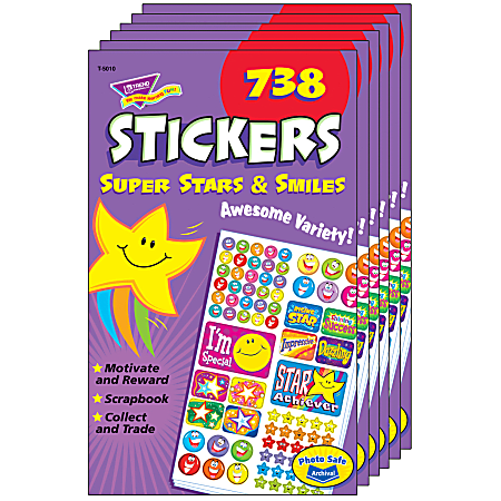 Trend Sticker Pads, Super Stars & Smiles, 738 Stickers Per Pad, Set Of 6 Pads