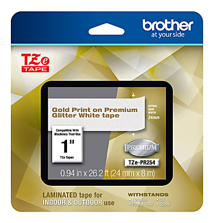 Brother TZe Premium Glitter Laminated Tape, 15/16" x 26-3/16', Gold Ink/White Tape