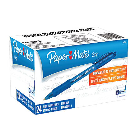 Paper Mate® Grip Retractable Ballpoint Pens, Medium Point, 1.0 mm, Blue Barrel, Blue Ink, Pack Of 24