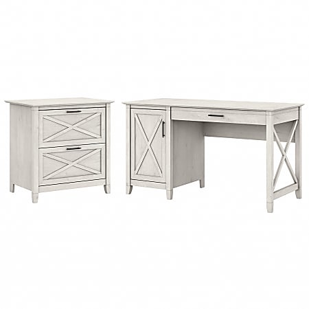 Bush Furniture Key West 54"W Computer Desk With Storage And 2-Drawer Lateral File Cabinet, Linen White Oak, Standard Delivery