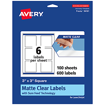 Avery® Permanent Labels With Sure Feed®, 94101-CMF100, Square, 3" x 3", Matte Clear, Pack Of 600
