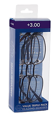 ICU Eyewear Rectangular Reading Glasses Set, Metal, +3.00, Pack Of 3